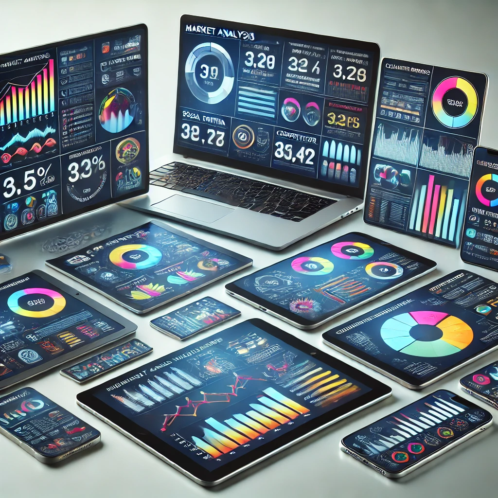 A collection of market analysis tools displaying data visualization charts and actionable insights