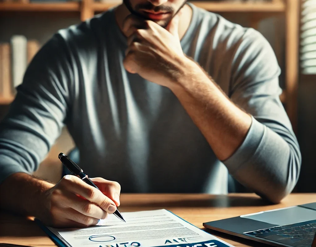 A person reviewing auto insurance documents, symbolizing tips for avoiding mistakes when buying insurance.