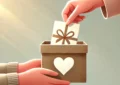 A person handing over a donation with a heart symbol, representing thoughtful and impactful giving.