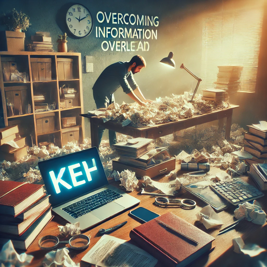 A person clearing a cluttered desk, symbolizing the process of overcoming information overload to focus on key knowledge.