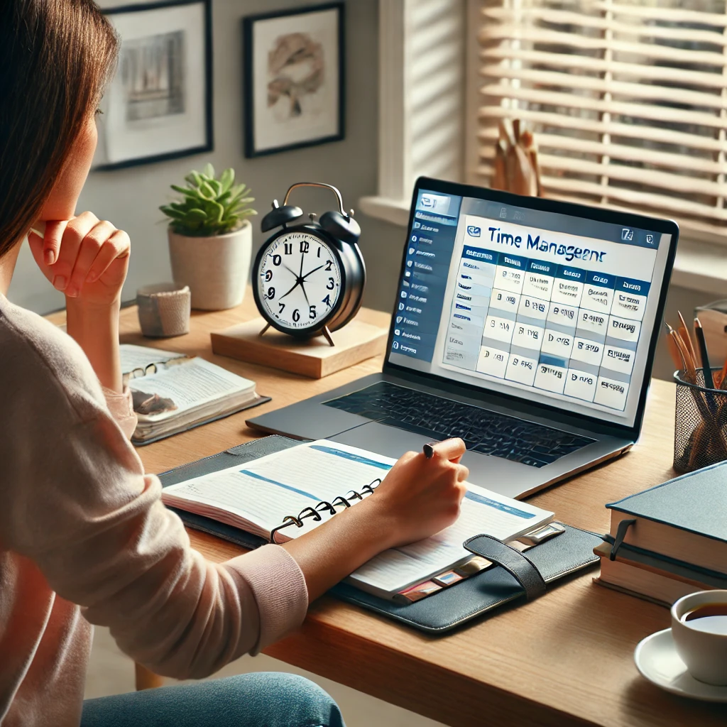 A person managing time between work and online education with a laptop and planner