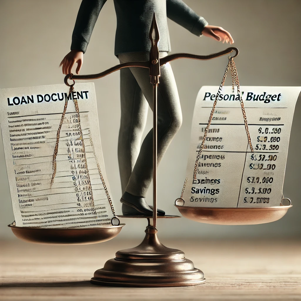 A person balancing scales with a loan document on one side and personal budget on the other.