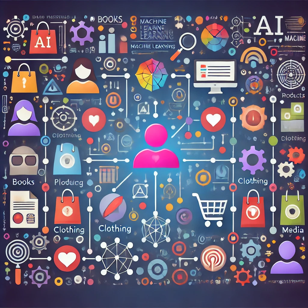 A visual representation of an AI-powered recommendation system with users, products, and algorithms interconnected.