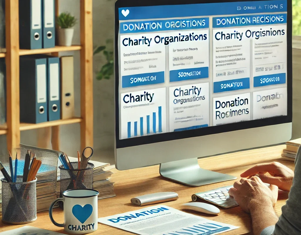 Person reviewing various charity organizations for donation decisions