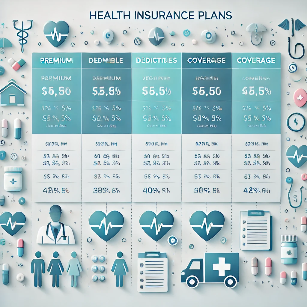 A comparison of health insurance plans showing different features like premiums, deductibles, and coverage levels to find maximum coverage.