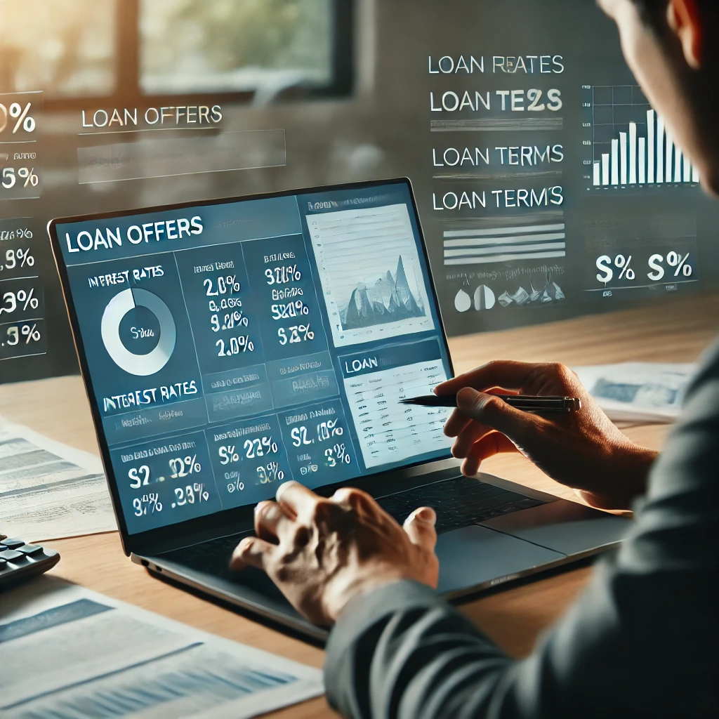 A person analyzing various loan offers, comparing interest rates, terms, and fees to find the best deal