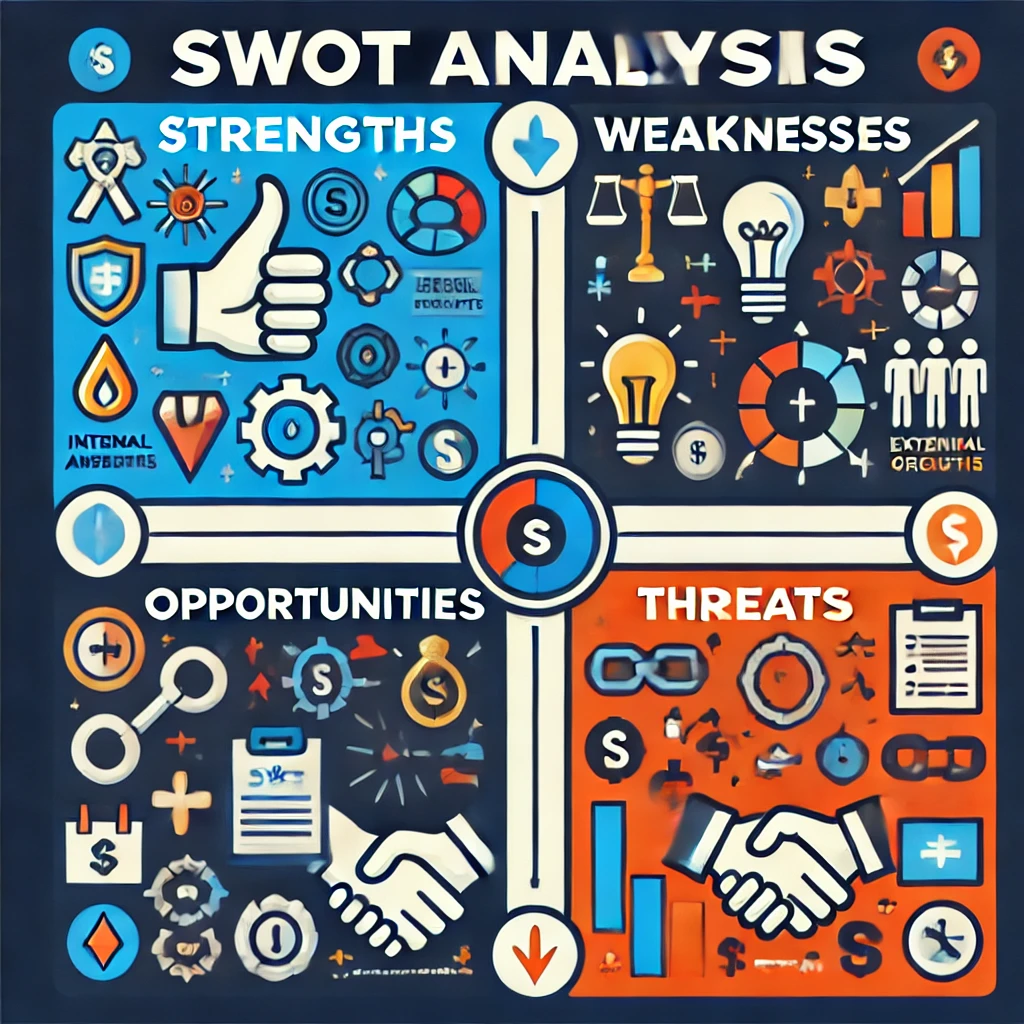 SWOT analysis chart showing strengths, weaknesses, opportunities, and threats.