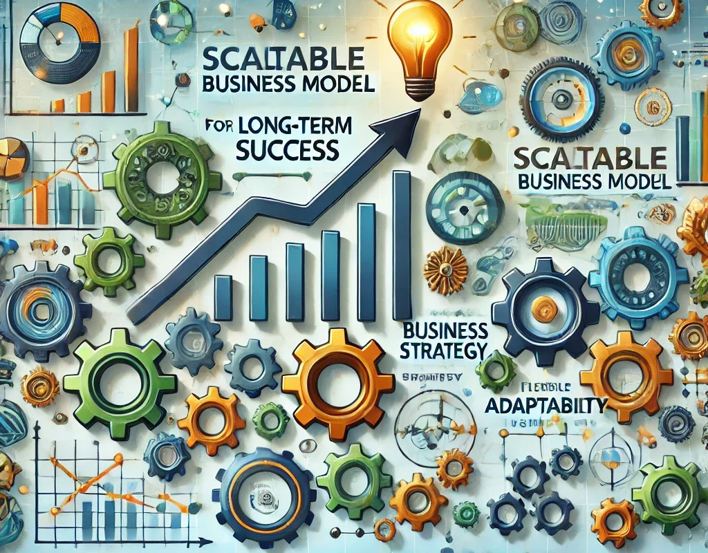 Illustration of a scalable business model strategy for long-term success, showcasing key elements like growth, efficiency, and adaptability.