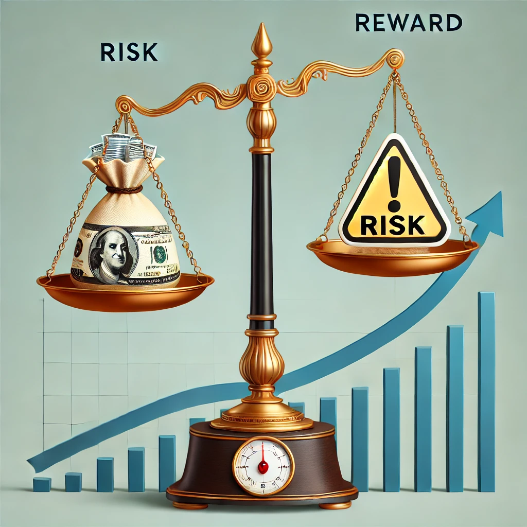 Balancing risk vs. reward in investments with a scale showing financial growth