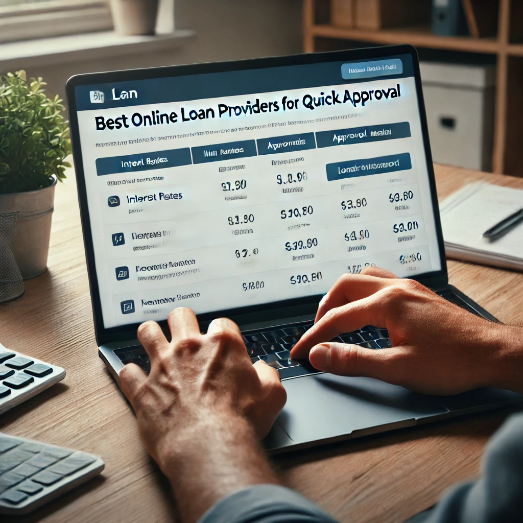 A user searching for the best online loan providers for quick approval on a laptop, reviewing loan options