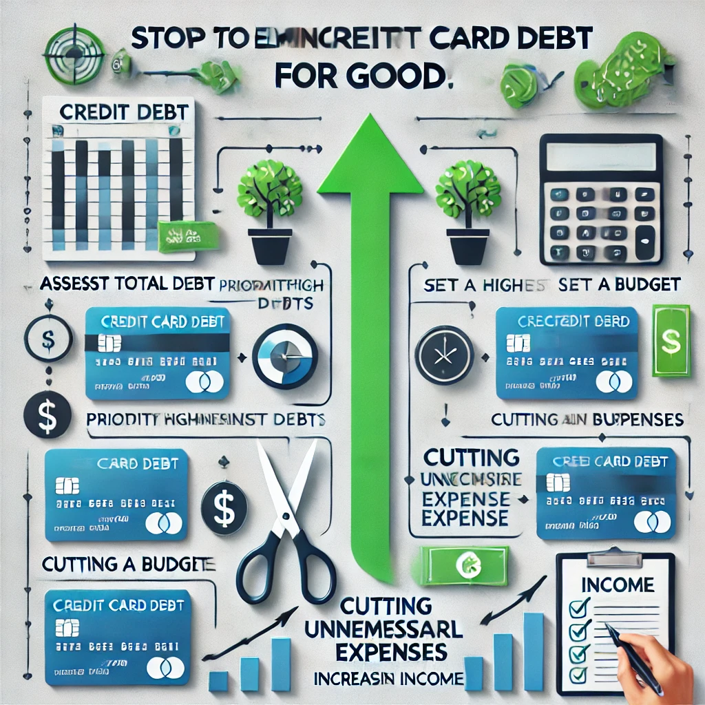 An organized plan showing steps to eliminate credit card debt for good