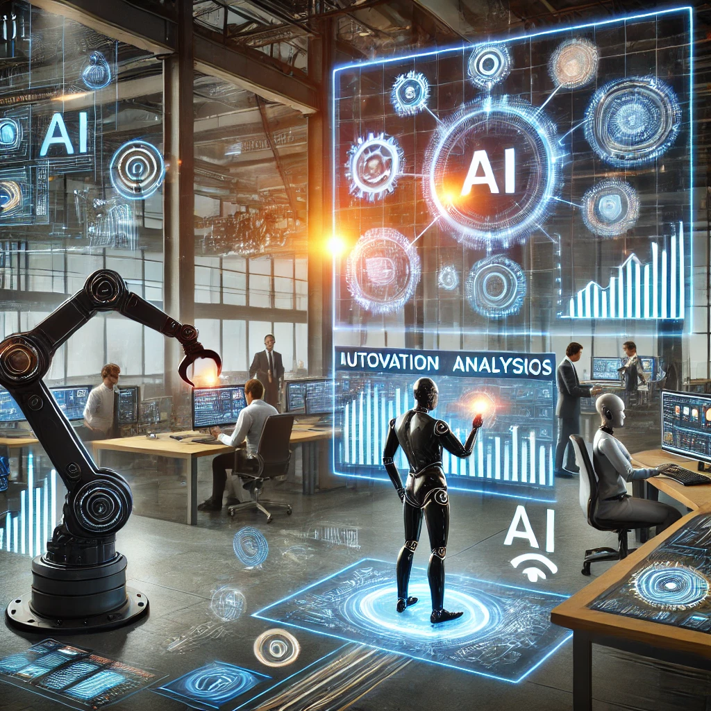 A visual representation of AI integration in business for enhanced efficiency, showing automation, data analysis, and innovation tools