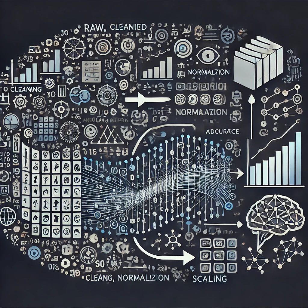 A visual representation of AI accuracy improvement through data preprocessing techniques, showcasing clean and structured data feeding into an AI model