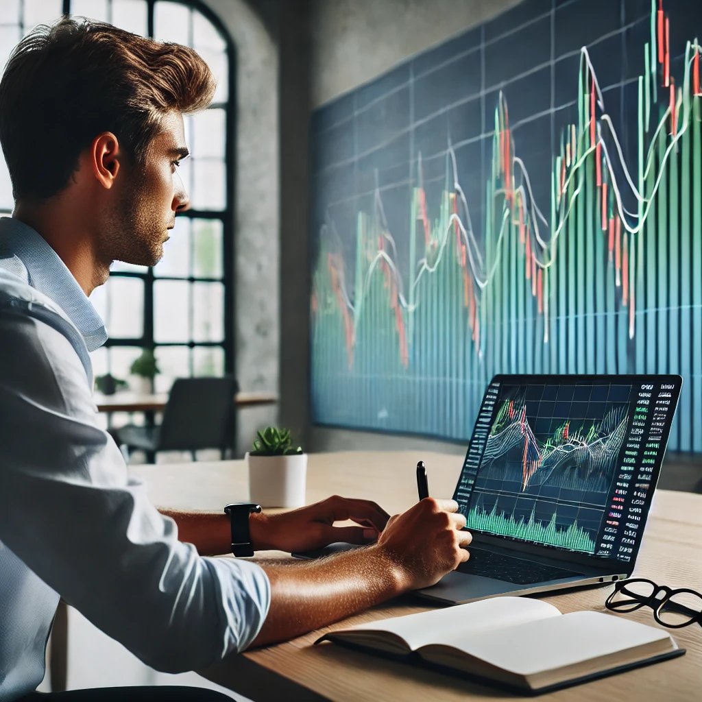 A beginner learning how to invest in the stock market with a financial chart in the background