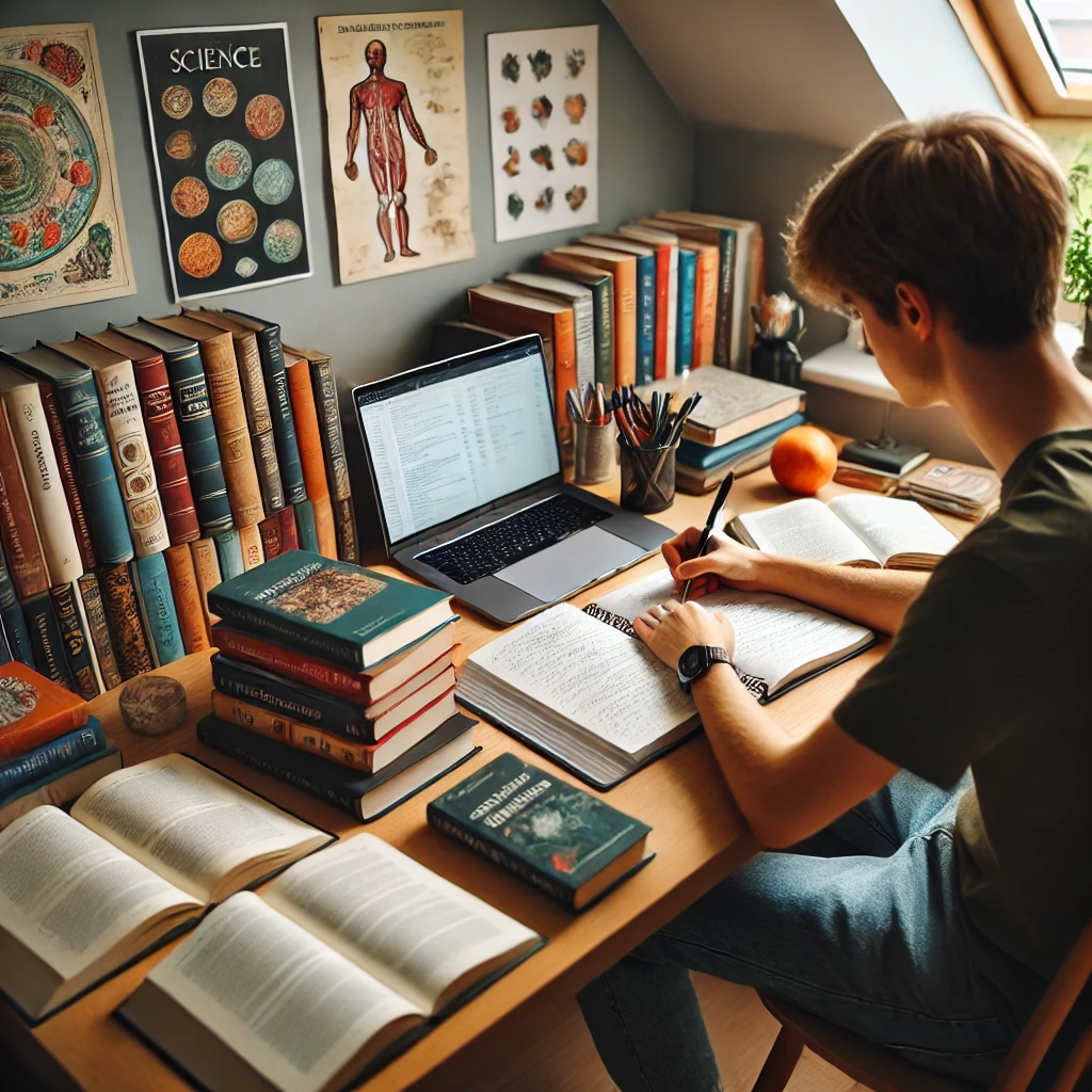 A person studying multiple subjects at a desk, with books on various topics, a laptop, and a planner for organization.