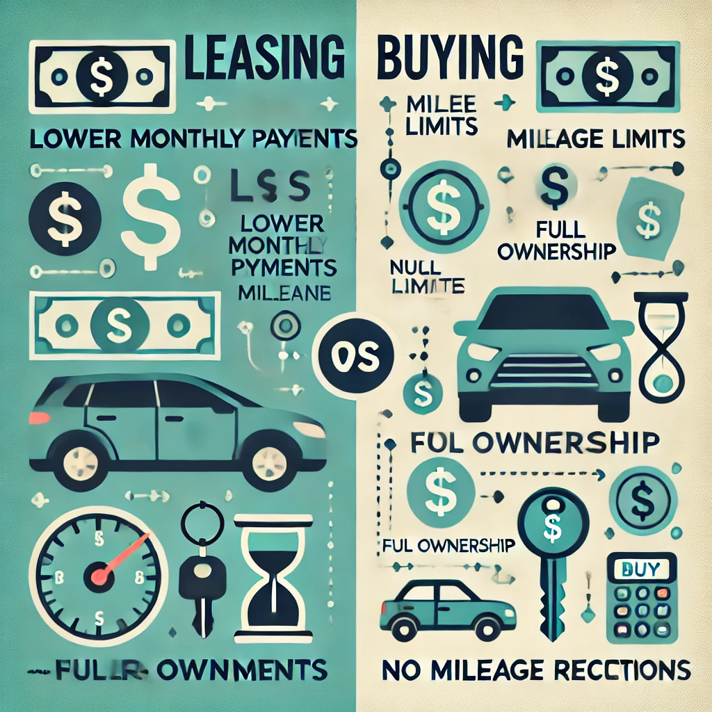 Comparison between leasing and buying a car, with key factors explained.