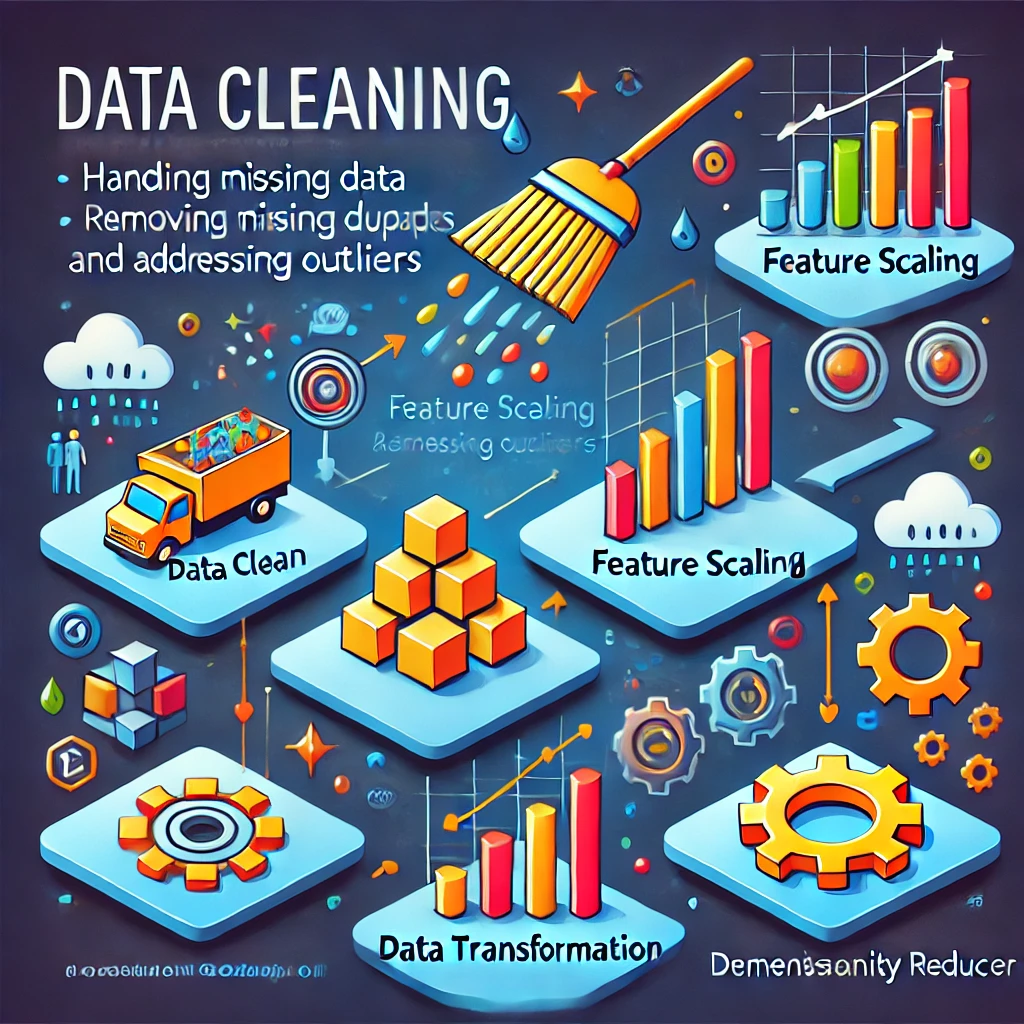 A step-by-step process showing data preprocessing techniques for machine learning, such as data cleaning, feature scaling, and transformation