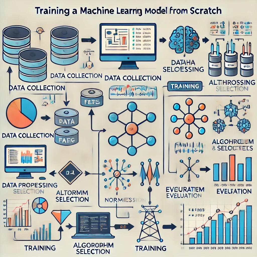 A detailed visual representation of training a machine learning model from scratch, showing key steps like data collection, preprocessing, and algorithm selection