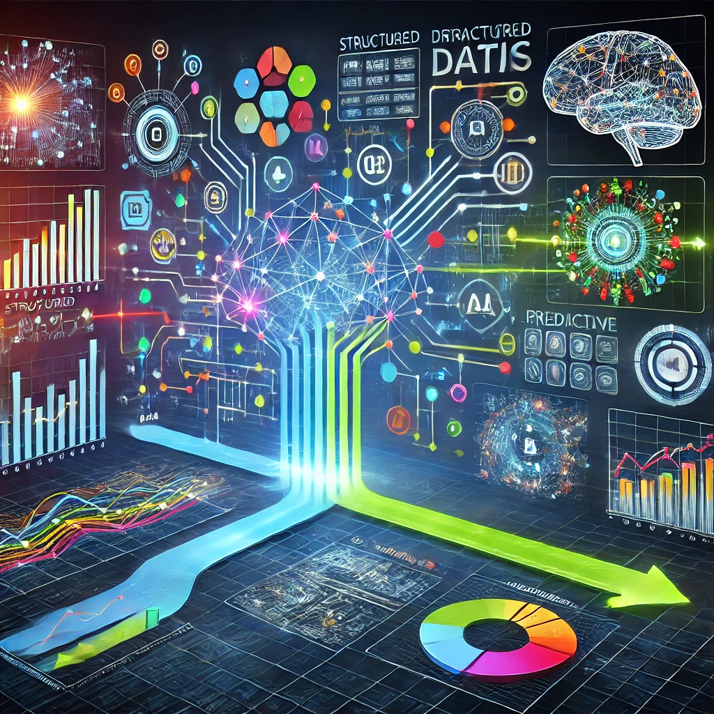 A graphical representation of how artificial intelligence works for predictive analytics, showcasing data patterns and insights