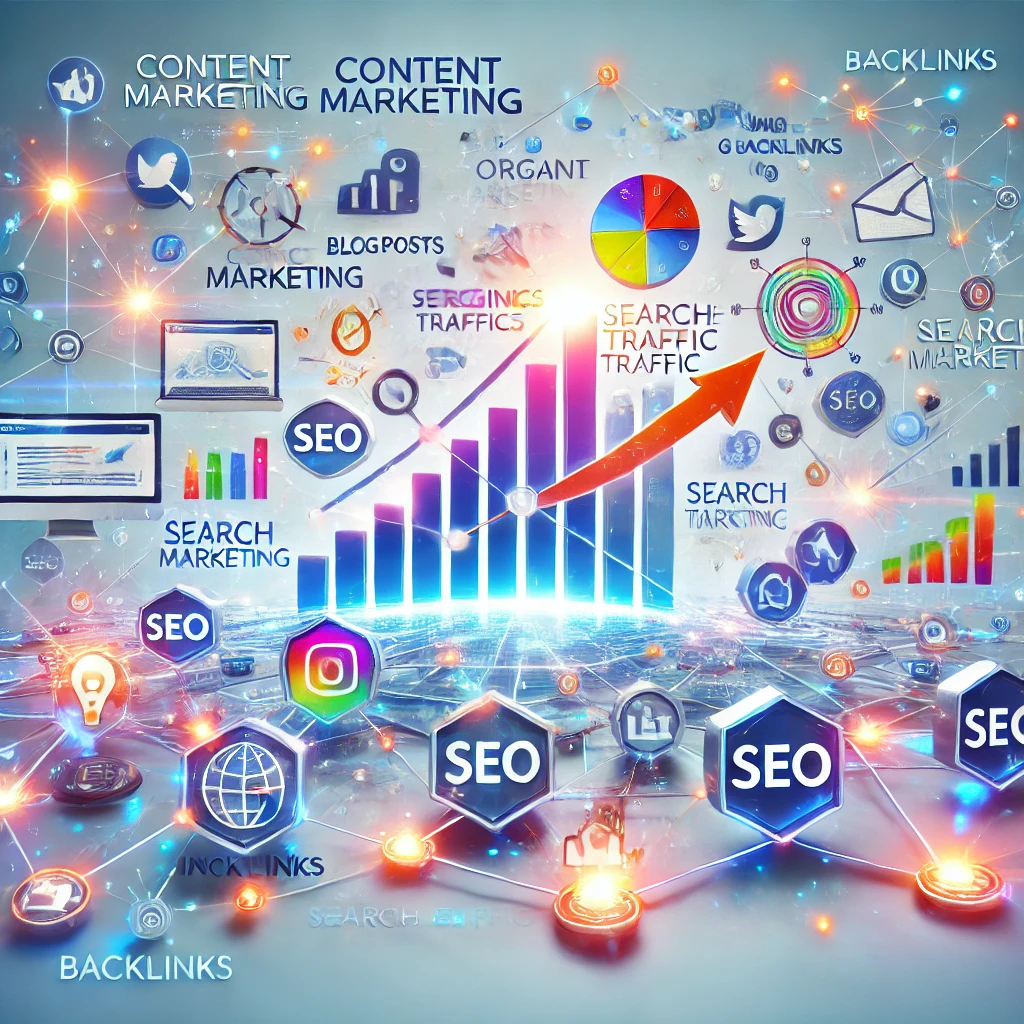 Visual representation of content marketing strategies boosting SEO and organic traffic.