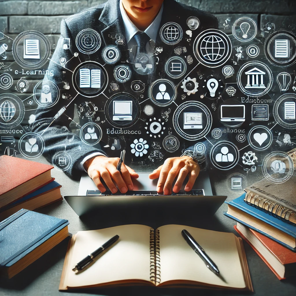 A person using a laptop surrounded by educational materials and online resource icons