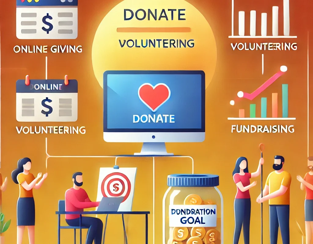 Different ways to donate to charities, showing various donation methods like online giving, volunteering, and fundraising.