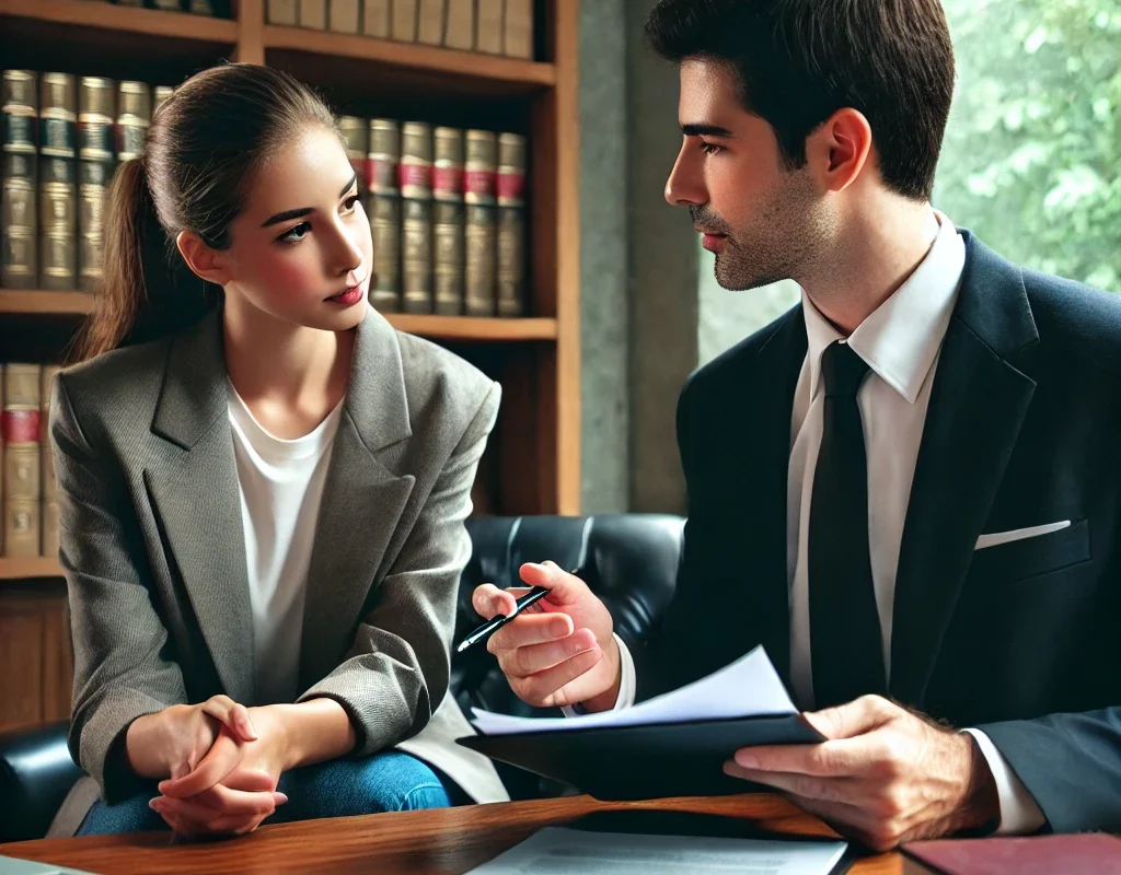 A client consulting with an attorney, discussing legal strategy to choose the right attorney for their case